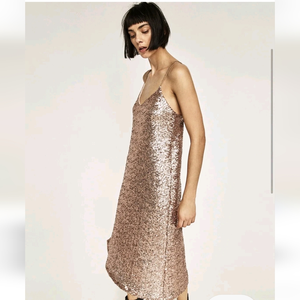 Zara Basic Collection Rose Gold Sequin Midi Dress… - image 8